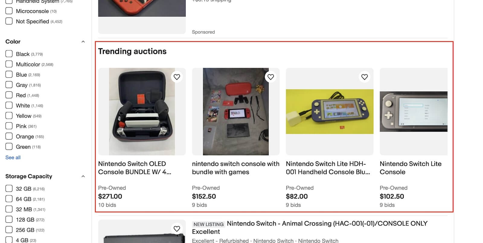 Example results: Nintendo Switch results that shows Trending auctions section